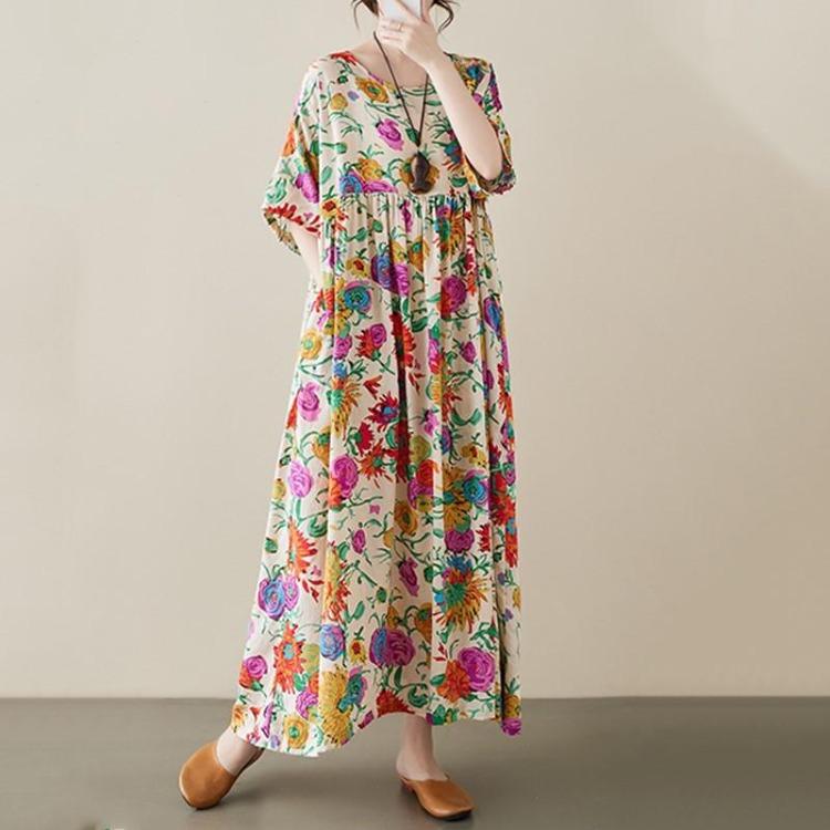 Vintage Květinové Bavlněné Letní Šaty Plus Size pro Ženy Ležérní Volné Dlouhé Krátký Rukáv Nové v Šatech