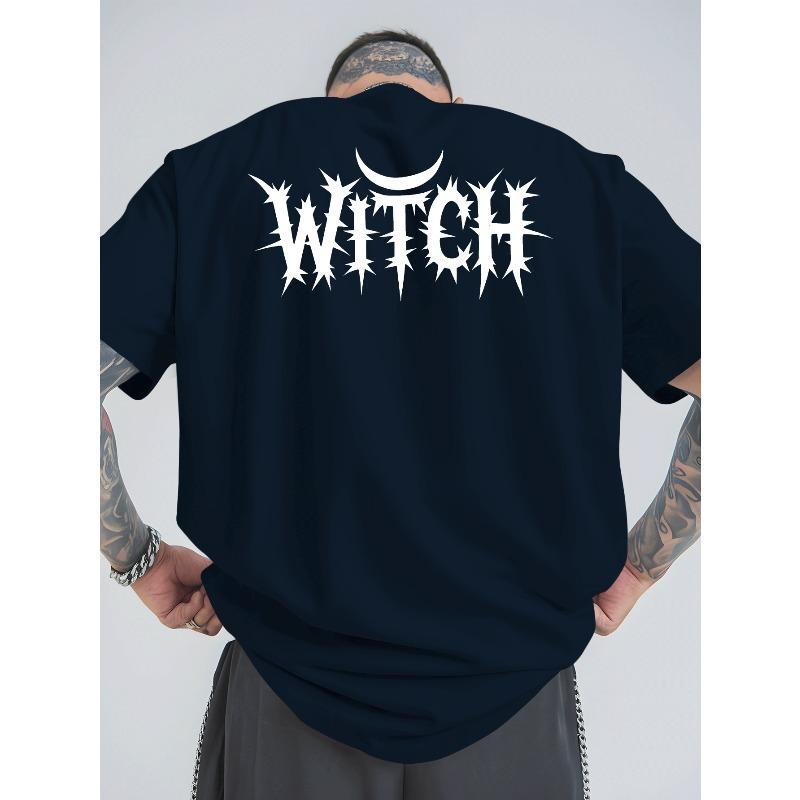 European Size Men'S Witch Graphic T-Shirt - Bright Yellow with Black Gothic Lettering - Loose-Fitting Breathable Summer Tee, Perfect for Halloween