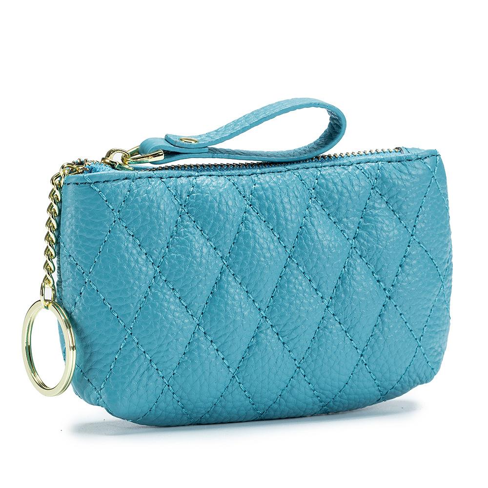 Rhombus embroidered change bag, coin storage bag, cowhide mini simple zipper small bag, key bag for women