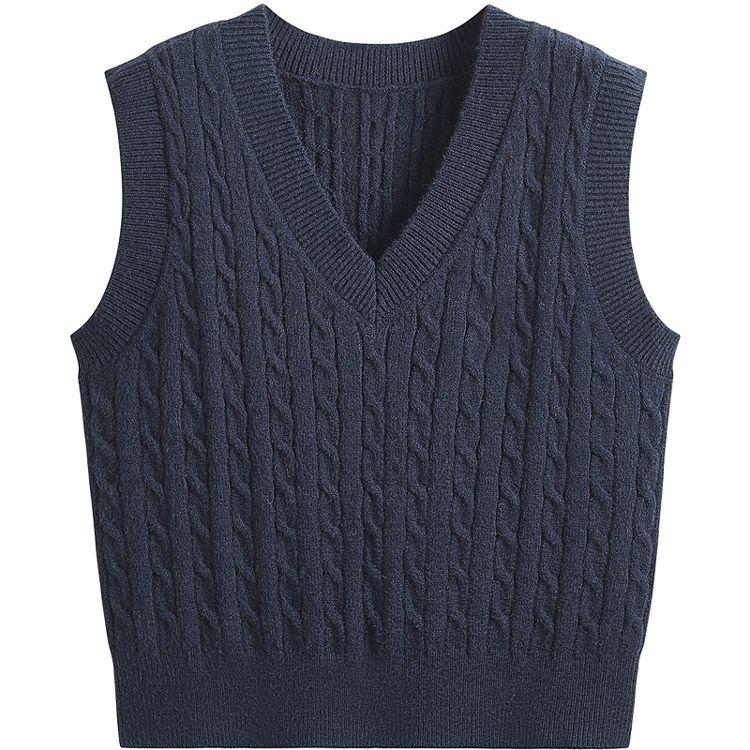 Women's Korean Style V-Neck Cable Knit Sleeveless Sweater Vest for Autumn/Spring