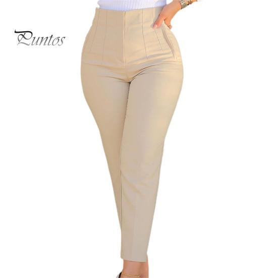 Work Pants High Waist Pleated Pockets Ninth-Length Women Trousers Female Solid Color Straight Leg Suit Office