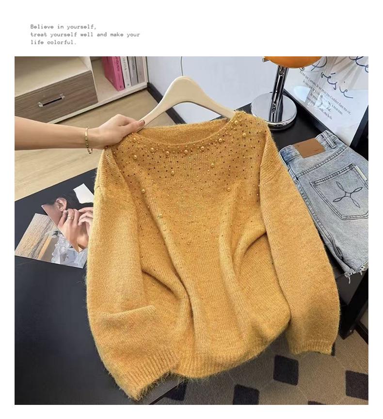 Korean High-End Beaded Knit Pullover for Women - Autumn/Winter Slimming Loose Sweater