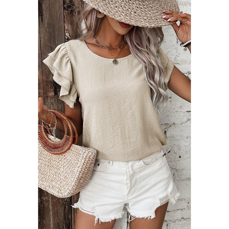 2026 Petal Sleeve Round Neck Short Sleeve T-shirt Fashion Women O Neck Summer Blouse Short Sleeve Elegant Solid Color Casual Ruffled Tops Ladies Shirt