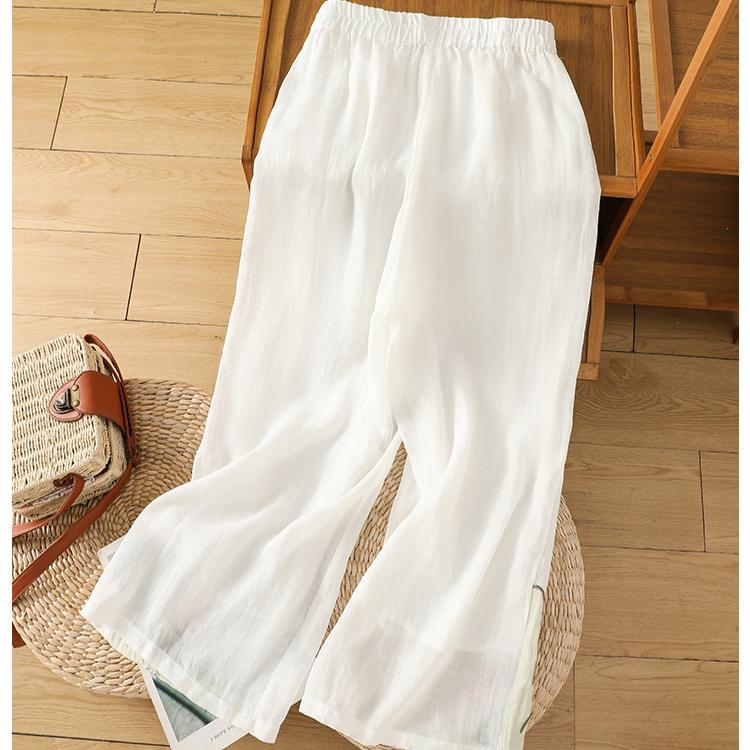 Dámské letní vintage vyšívané kalhoty plus size volného širokého střihu z bavlny a lnu s elastickým pasem, dovolenkové harémky v etnickém stylu
