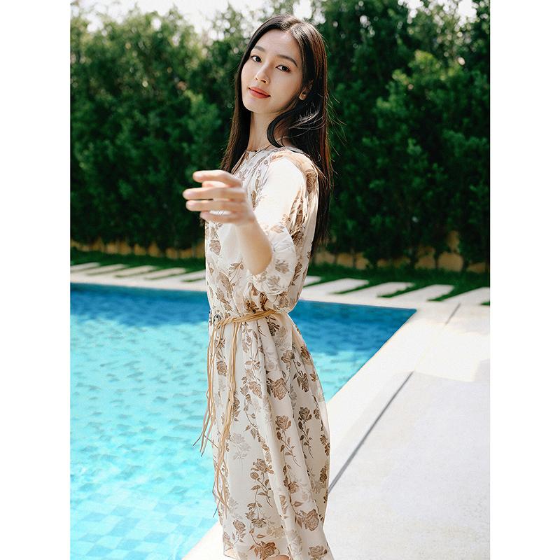100% Mulberry Silk Jiuzi Anna Kou Temperament Printed Silk Waist Cinching Dress for Women's Summer New Style