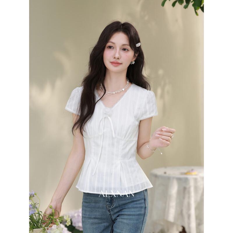 Women s French Chic Striped V-Neck Short Sleeve Blouse L грязно-белый