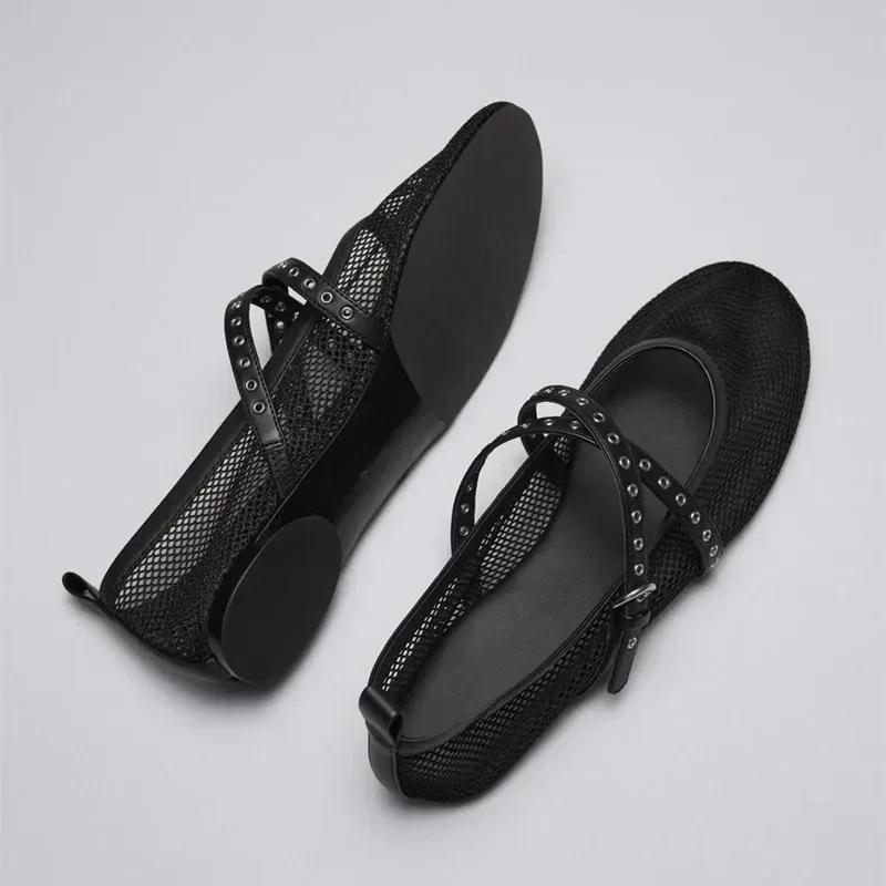 Mesh Ballet Flats Women Fashion Leather Buckle Strap Hollow Flats Summer Light Comfort Beach Sandals Mules Loafers