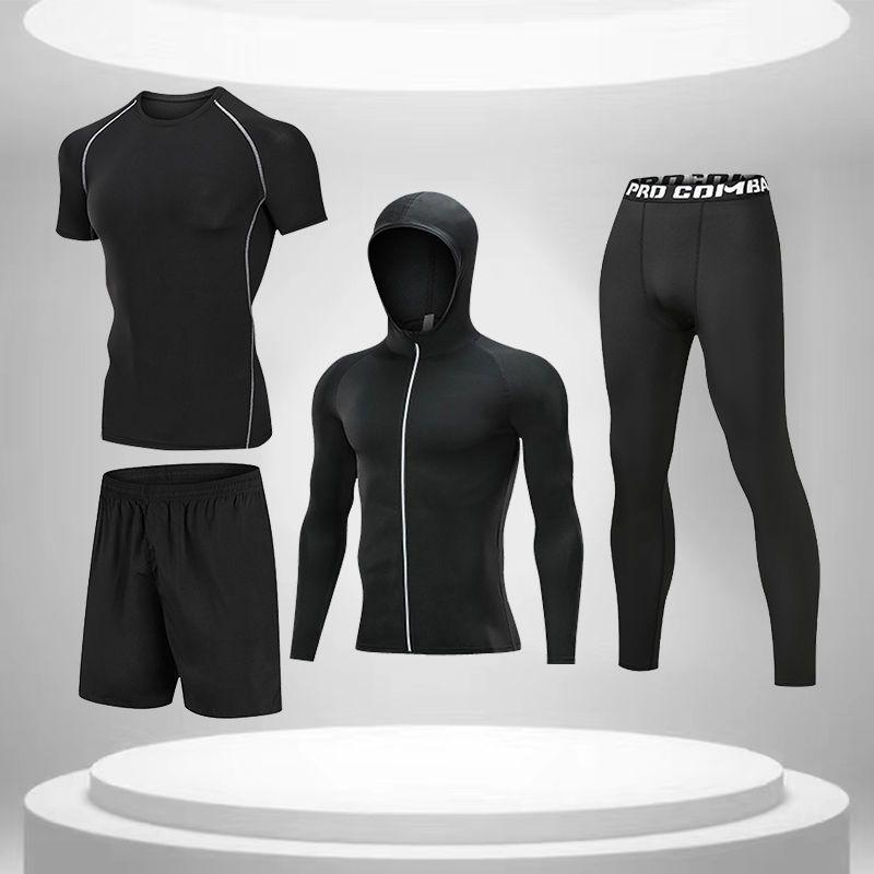 Pánské rychleschnoucí sportovní oblečení z ledového hedvábí s těsným střihem: Set s krátkým rukávem a pětibodovými kalhotami na letní fitness a běh