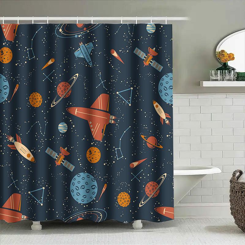Space Adventure Shower Curtain Outer Space Decor For Bathroom Unique Astronaut And Rocket Design 180 X 240Cm Waterproof Fabric S