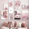 Città moderna Scenario rosa Pittura su tela Wall Art Poster e stampe Fiore di Begonia Retro Car Bike Immagini per la decorazione del soggiorno