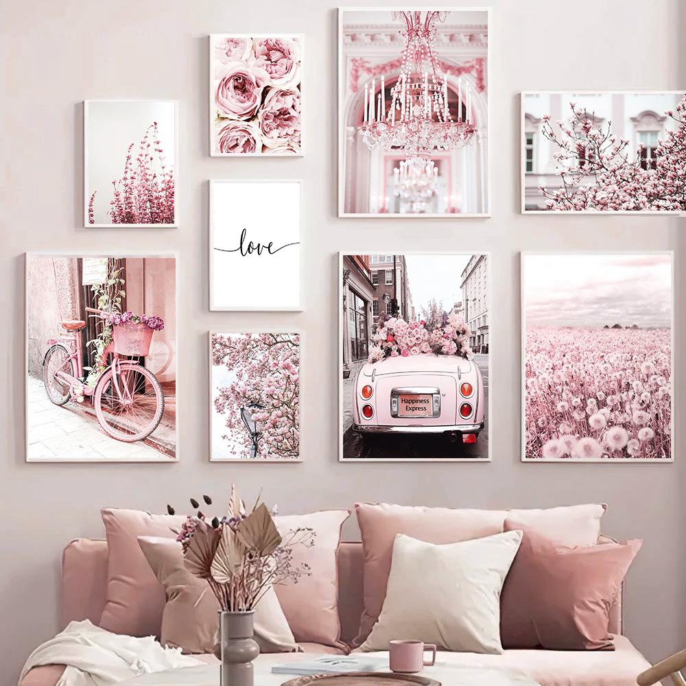 Città moderna Scenario rosa Pittura su tela Wall Art Poster e stampe Fiore di Begonia Retro Car Bike Immagini per la decorazione del soggiorno