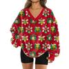 Women's Fashionable V-neck Christmas Printed Long Sleeved Casual Pullover Plush Warm Pocket Sweatshirt Top