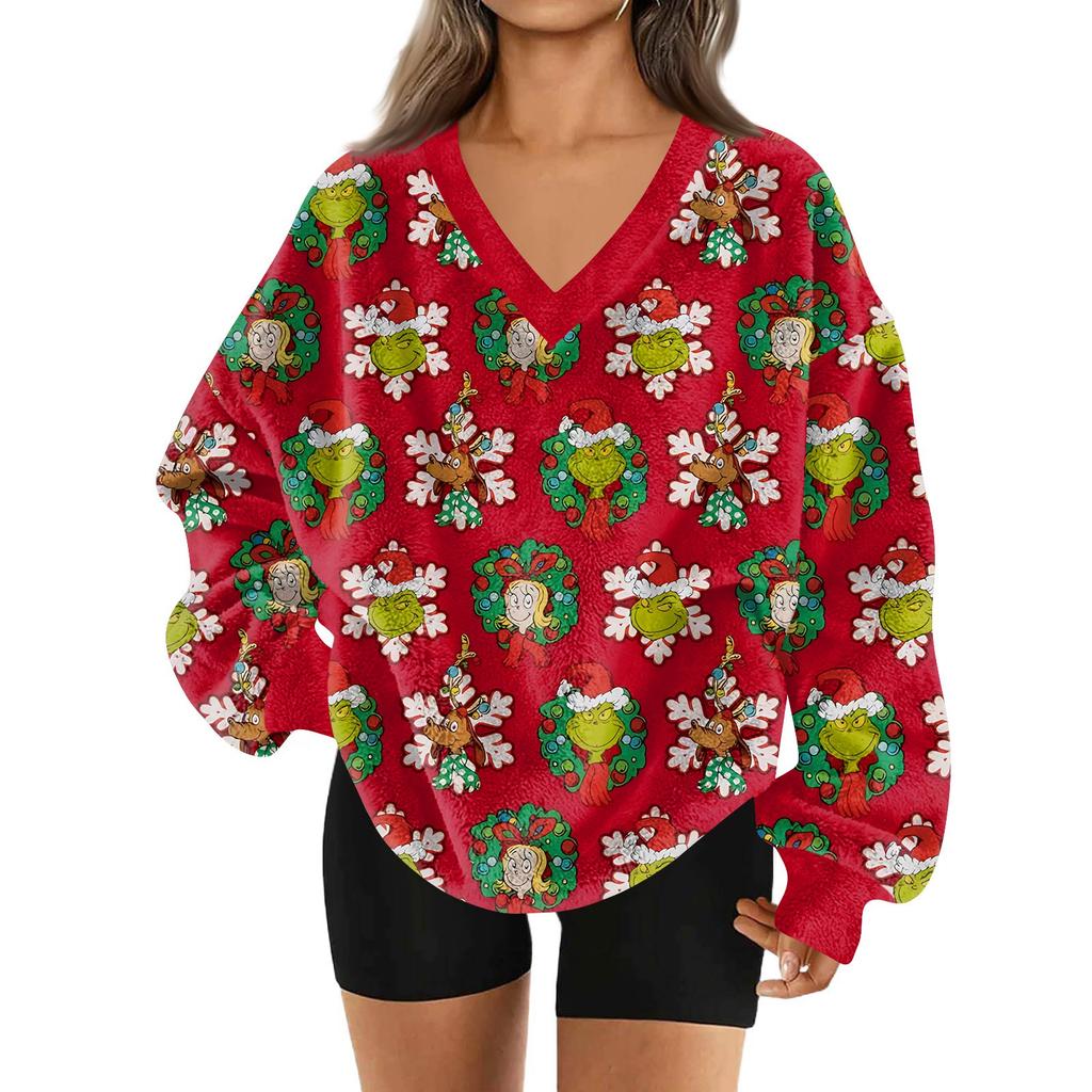 Women's Fashionable V-neck Christmas Printed Long Sleeved Casual Pullover Plush Warm Pocket Sweatshirt Top