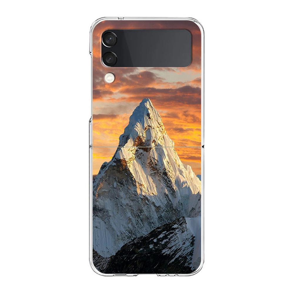 Transparent Phone Case For Samsung Galaxy Z Flip 3 4 5 6 7 Hard Folding PC Z Flip3 Flip4 Cover Mountain Peaks Landscape
