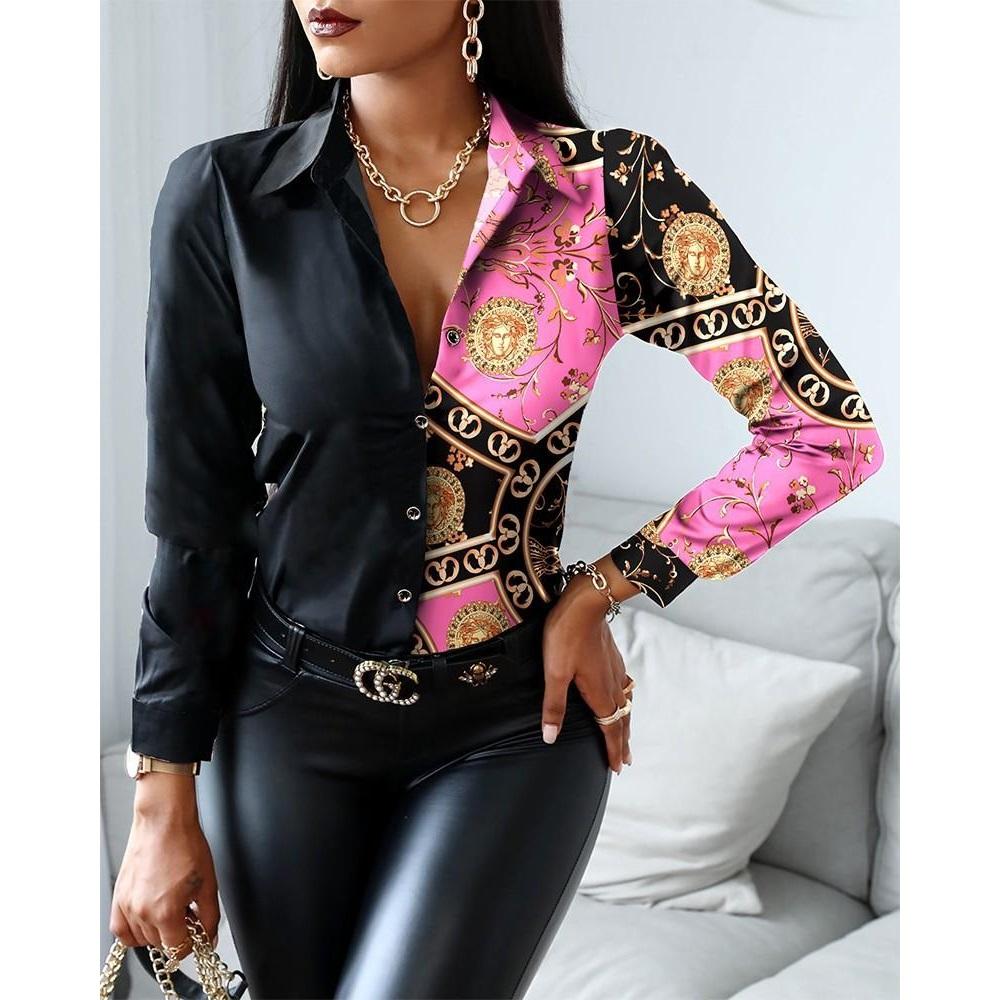 Women Fashion Shirt Vintage Autumn Shirt Print Blouse Casual V-neck Long Sleeve Shirt  Blouse