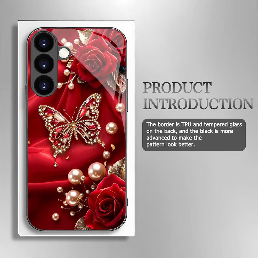 Butterfly Rose Black Glass Phone Case Suitable for Samsung Galaxy S26 S25 S24 S23 S22 S20 FE/Ultra/Plus Anti Drop Back Cover