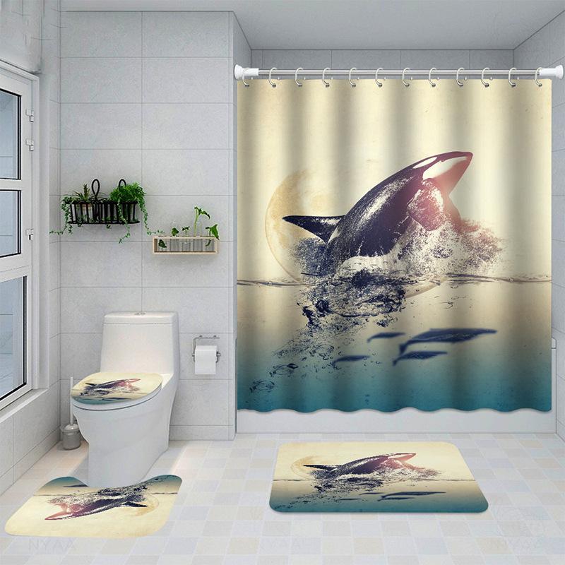 Dolphin 3D Digital Printing Shower Curtain Shower Curtain Dolphin Non-Slip Mat Four-Piece Set