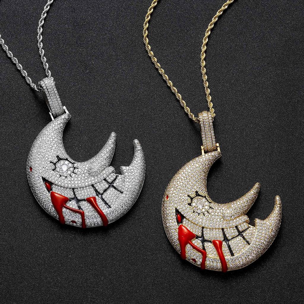 European & American Moon Pendant: Gold-Plated, Zirconia, Exaggerated Cuban Chain