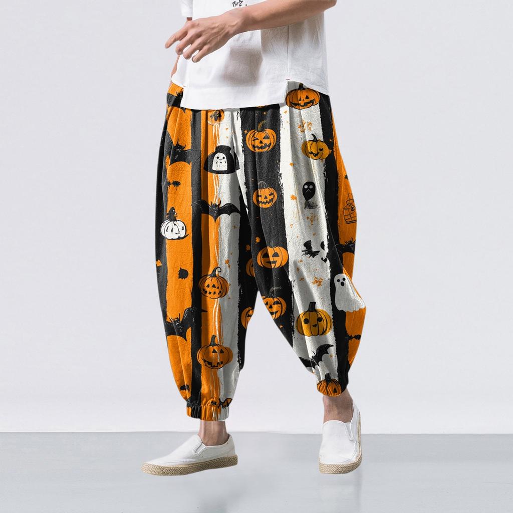 Halloween-Print - Lässige Weitbein-Hose, Herren Lässige Loose-Fit-Hose