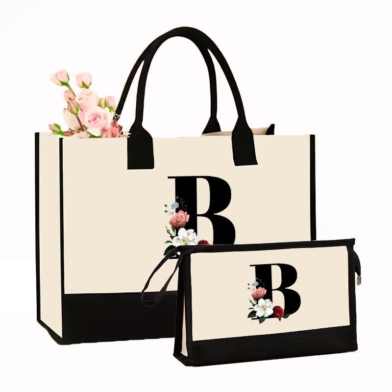 Canvas Shoulder Bag Makeup Set with Color Block Print & Portable Zipper Clutch