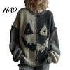 Layering Sweatshirt Halloween Gruseliges Gesicht Pullover für Damen Patchwork Print Strick Frühling Herbst Winter Oberteil Langarm Rundhals Genäht Herbst Outfit