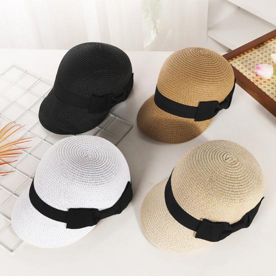 Chapeau de paille Large Ruban Noir Nœud Dôme Visière Plate Casquette de Baseball Léger Respirant Chapeau Protection Solaire