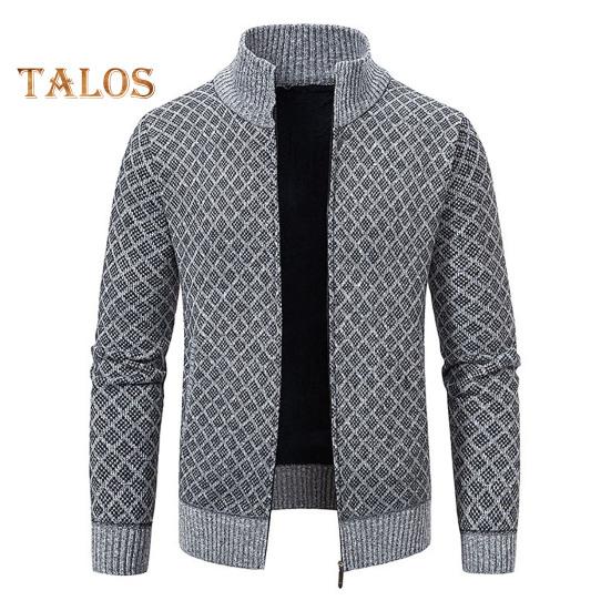 Мужское трикотажное пальто с воротником-стойкой, длинным рукавом, застежкой-молнией и карманами, клетчатый принт, осень-зима, повседневный трикотаж M светло-серый