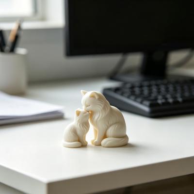 Urocza Figurka Kota, Kotka z Kociakiem Rzeźba Drukowana 3D, Kolekcjonerski Posążek Kota do Wnętrz, Biura, Stołu, Półki, Prezenty dla Miłośników Kotów