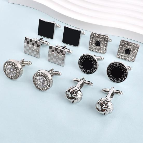 1 Pair Men Cufflinks Polished Smooth Surface Rhinestones Inlaid Rectangle Round Twist Shape Suit Shirt Cufflinks Button Replacement Accessories