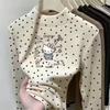 Girls' Polka Dot Velvet Long-Sleeve T-Shirt - Autumn/Winter High-Neck Top for Medium/Large Children