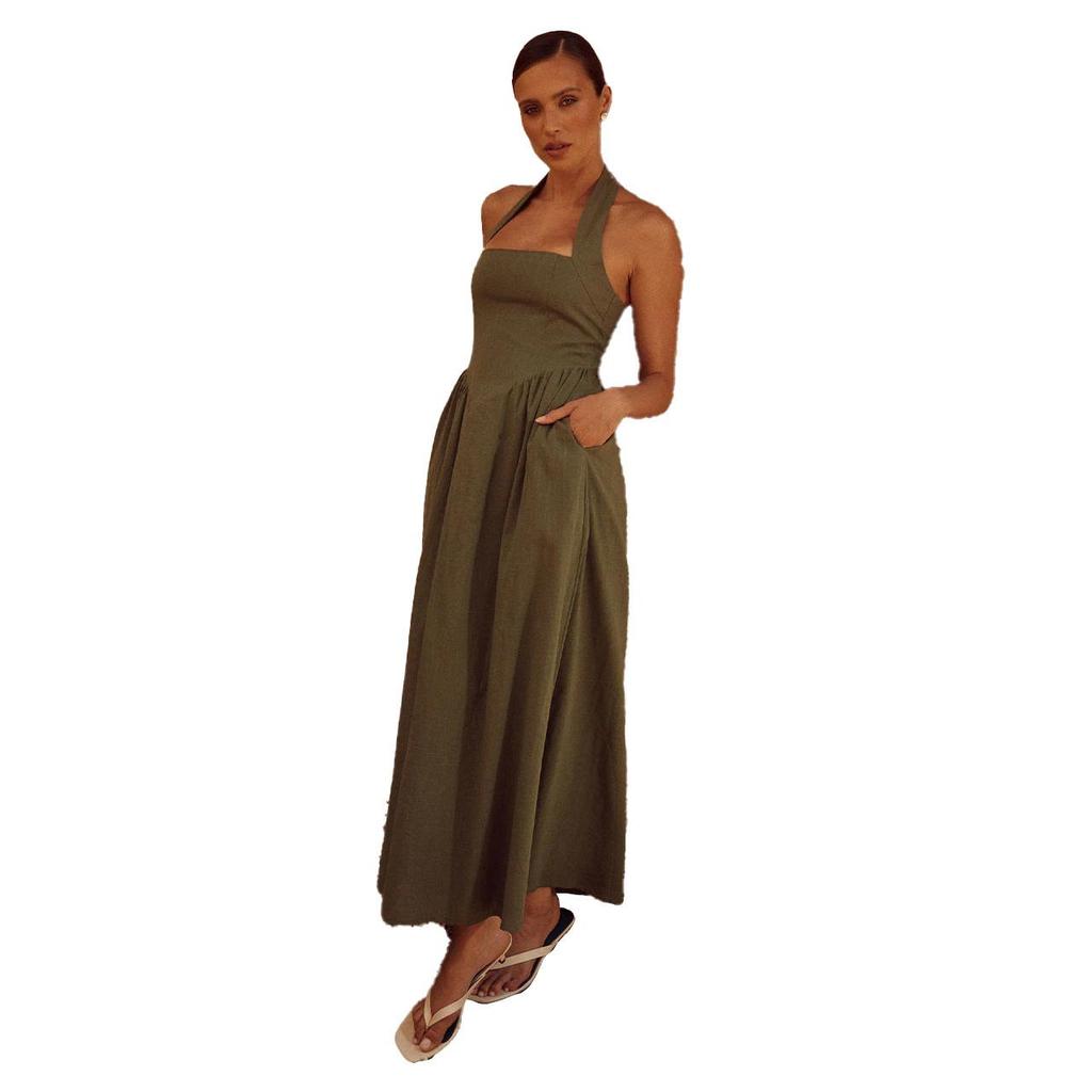 Women Spring Sleeveless Strap Slim Halter Dress Summer Casual Ankle-Length Backless High Waist Pocket Dresses S-XL