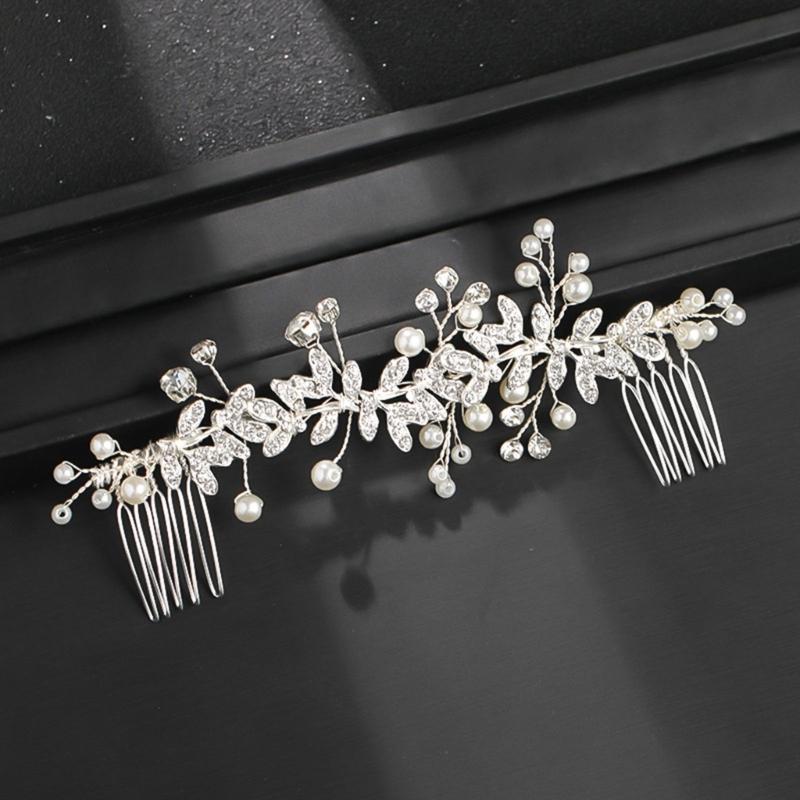 Pearls Rhinestones Hair Comb Bridal Hair Accessories Tiaras Leaf Hairpin For Bride Wedding Party Prom Event Hair Jewelry