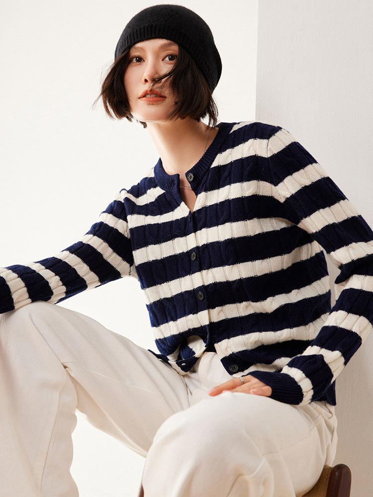 Women's Navy Style Pure Wool Color Block Stripe Cardigan Sweater