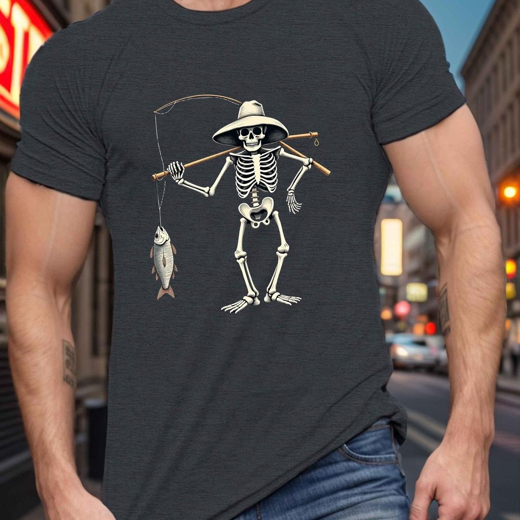 Men Casual Dark Gray T-Shirt with Skeleton Fishing Graphic Short Sleeve Polyester Machine Washable