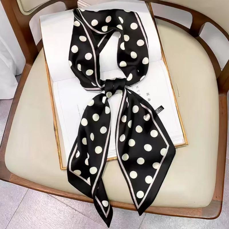 

145x14cm Polka Dot Printed Streamers for Women s Spring and Autumn New Style Emulated Silk Scarf Handbag Wallet Neck Scarf чорний