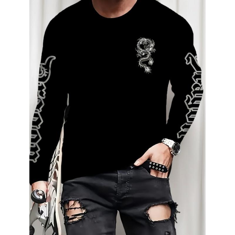 

Men s Dragon Pattern and Letter Printed Round Neck Long Sleeve T-shirt S