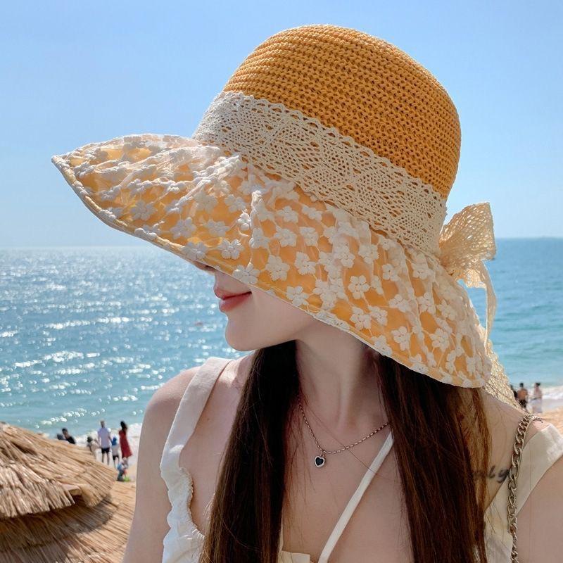 Adjustable Wide Brim French Straw Sun Hat with Lace Trim
