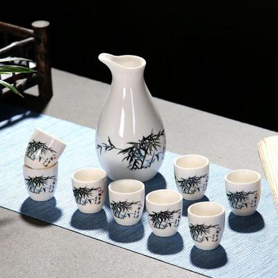 Vintage Chinese Ceramic White Wine Set - 1 Pot, 8 Cups with Bamboo Design