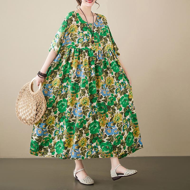 

Платье А-силуэта с цветочным принтом больших размеров - лето 2023 г., в стиле ретро-этнического стиля, свободный крой, короткий рукав. Plus Size One Size зелёный