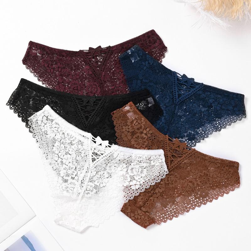 Ladies Summer New Sexy Lace Lace Bow Cross Belt Mid Waist Triangle Briefs