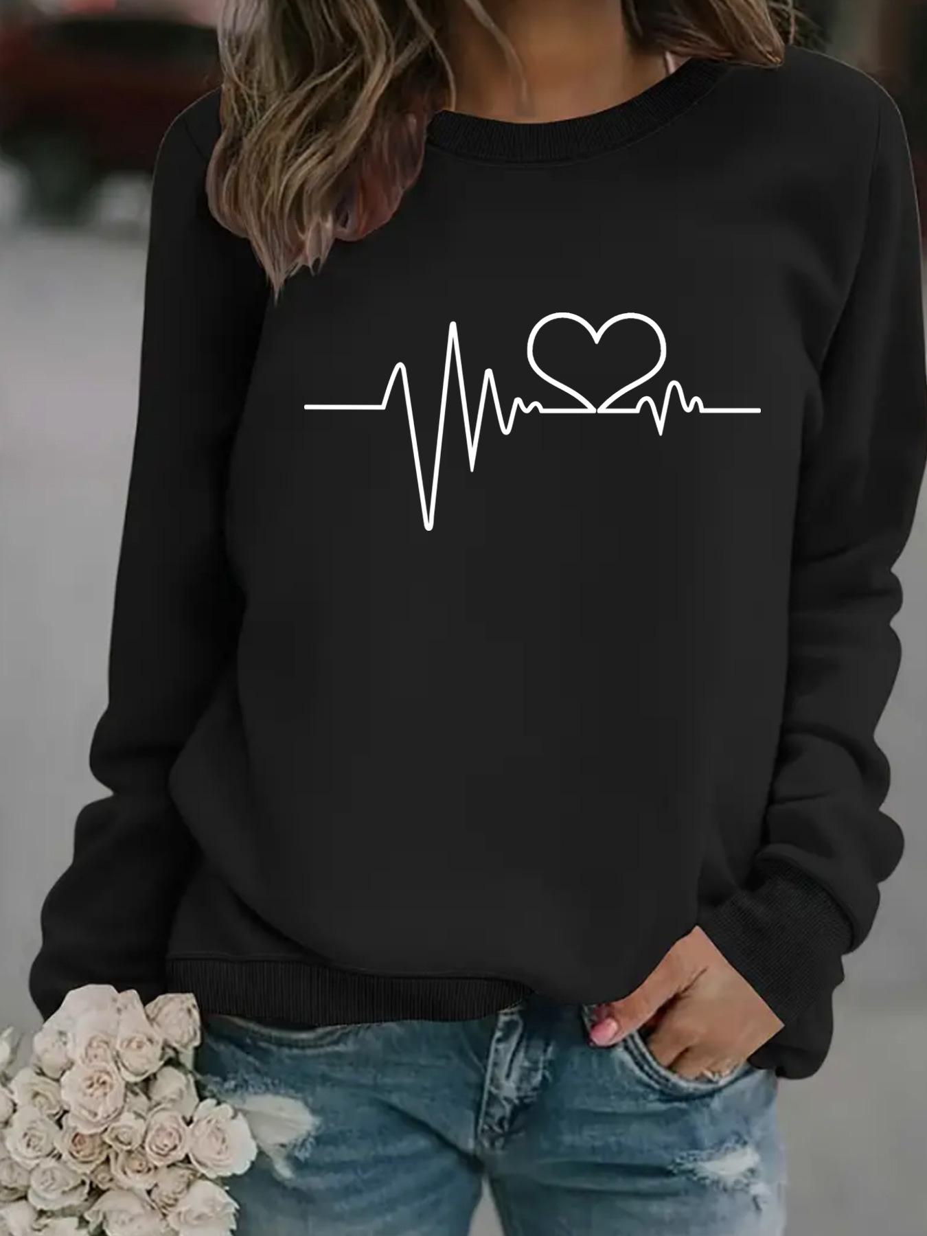 

Повседневная толстовка с длинными рукавами и круглым вырезом с принтом «сердцебиение» для женщин S чёрный