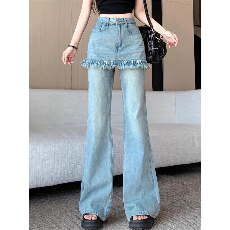 Spring/Summer 2025 Light Blue Faux Two-Piece Women s Cropped Wide-Leg Jeans with Raw Hem Micro Flare. S