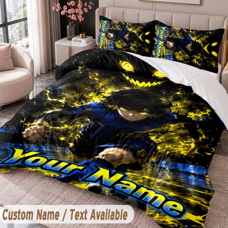 Custom Name Text 3Pcs Bedding Set Blue Lock Duvet Cover And Two Pillowcases