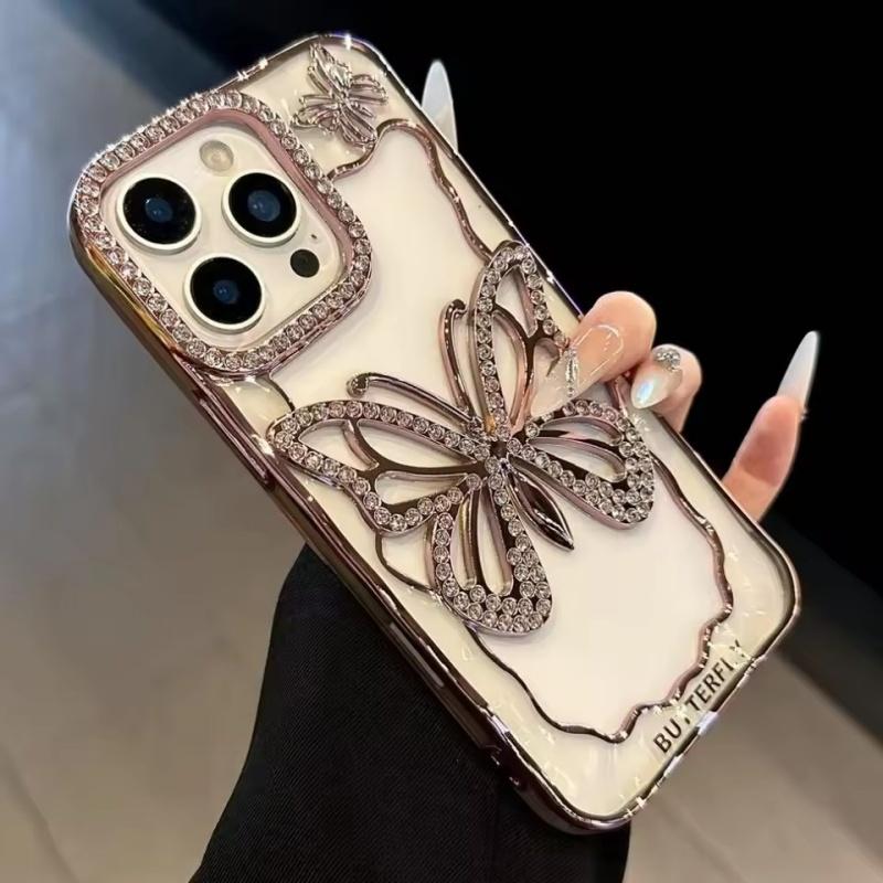 Transparent Butterfly Full Diamond Case for iPhone 17 Air 16 15 14 13 12 Pro Max Plus 17Pro Shiny Rhinestone Aesthetic Cover