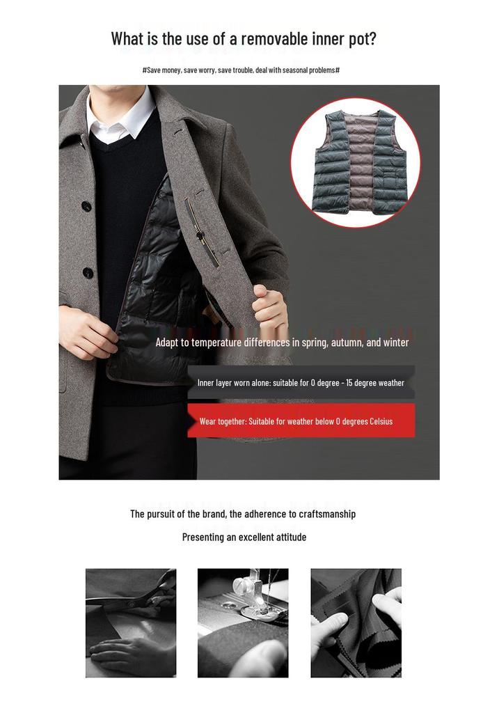 Men's Winter Double-Sided Wool Coat with Detachable Down Liner - Casual Windbreaker Jacket for Middle-Aged Dads