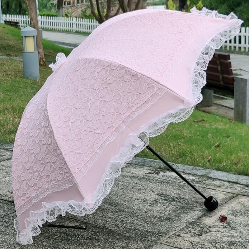 Sunshade Women Lace Umbrella Double Layer Three-fold Windproof Female Princess Parasol Cute Sunscreen Anti UV Wedding Paraguas