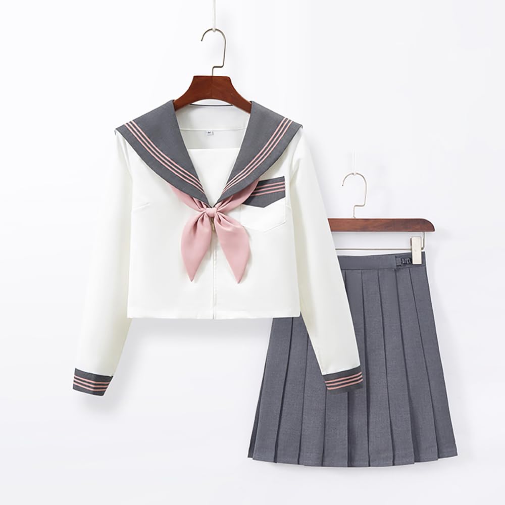 Cedar Eight Sailor Gray x Long JK High School High School Set Suit, Pink, Sleeve, Costume, Uniform, Girl, Student, Cosplay, 3-Piece (M)