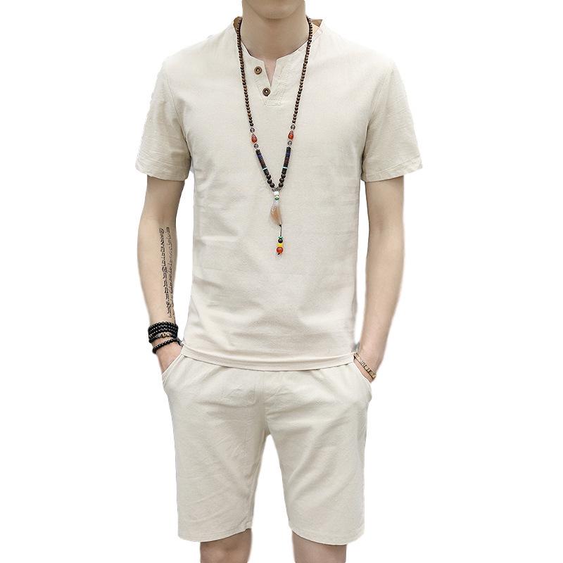 Men's Summer Cotton Linen V-neck T-shirt and Pants Two-piece Set - Plus Size