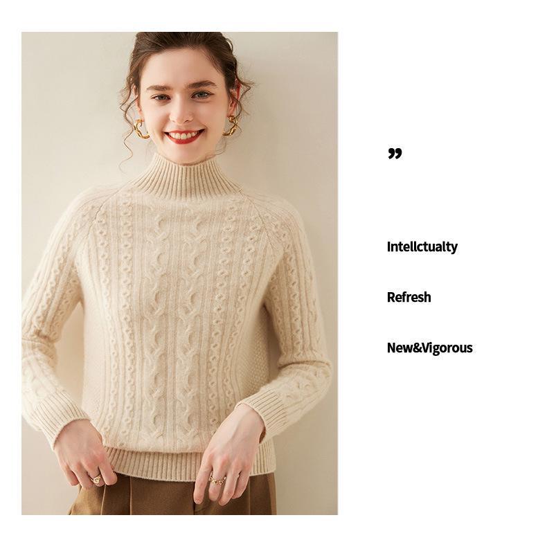 Women's Cashmere Cable Knit Sweater, Half-High Neck, Thick, Slimming, Loose Fit, Warm Base Layer for Autumn and Winter.