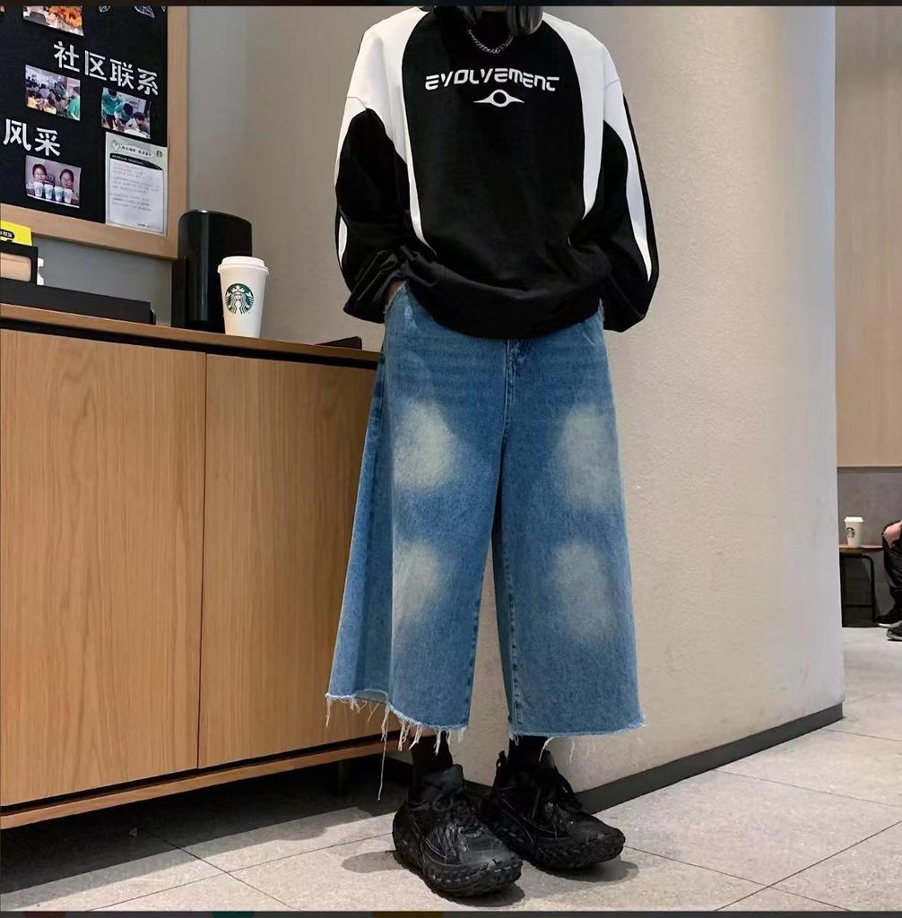 Unisexové americké džínové šortky - Ležérní letní oblečení, Volný střih, High street styl, Zkrácené kalhoty se širokými nohavicemi